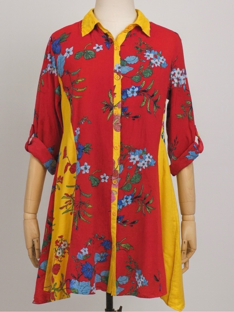 Calessa Colorful Floral Button-Up Shirt Dress - Yellow & Red 3x